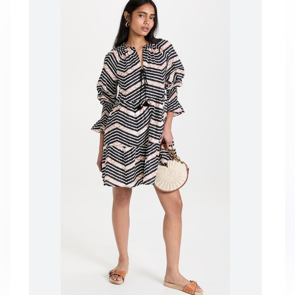 Figue Bella Short Dress Chevron Black,White,Tan Smocked Cuffs Small Boho Fall